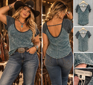NWT Gilded Intent Women Large Teal Mineral Wash Waffle Knit Scoop Neck Boho Top